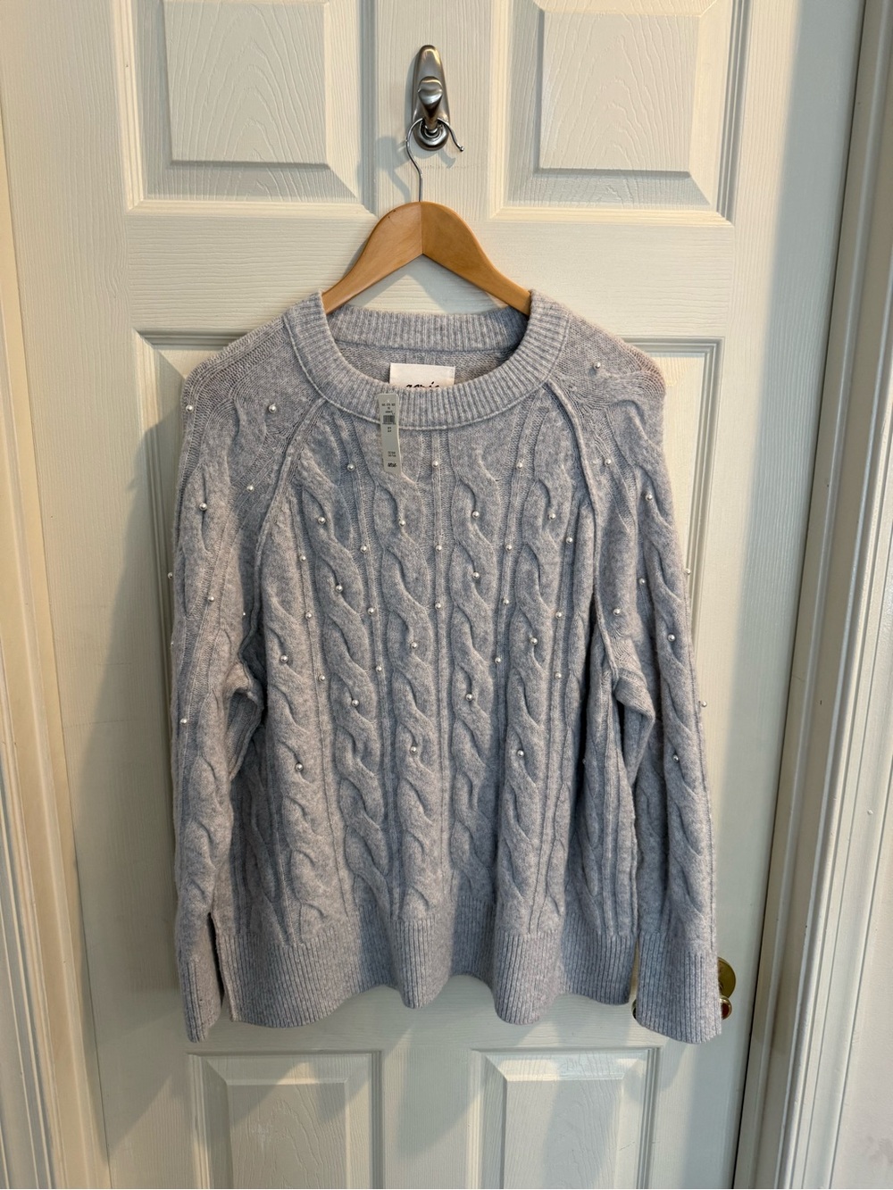 aerie UnReal Crewneck Long Sleeve Cable Pearl Detail Sweater in Gray